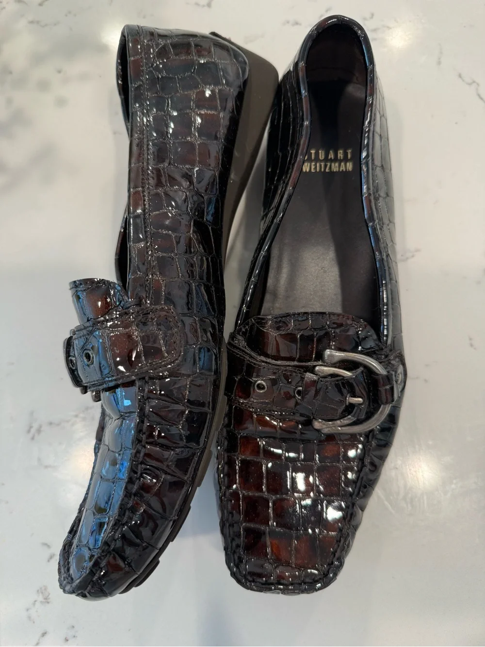 Stuart Weitzman Patent Croc Embossed Buckle Driving Loafers Espresso Brown 8.5 M